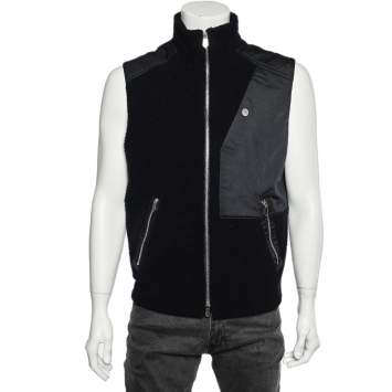 Pre Owned Hermes Navy Blue Fur & Twill Paneled Zipped Sleeveless Vest L