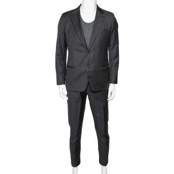 Pre Owned Hermes Charcoal Grey Pinstriped Wool Single Breasted Suit L