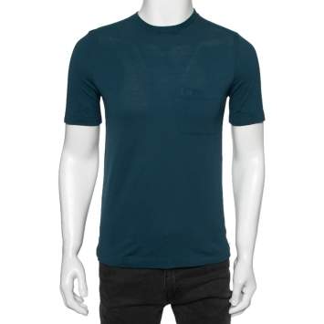 Pre Owned Hermes Teal Blue Cotton Pique H Embroidered Crewneck T-Shirt XS