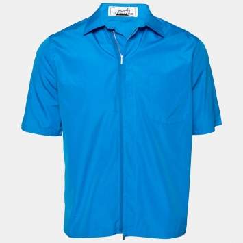 Pre Owned Hermes Blue Cotton Zip Front Short Sleeve Shirt M