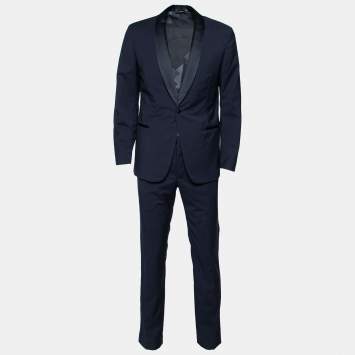 Pre Owned Hermes Navy Blue Wool & Satin Trimmed Single Breasted Suit L