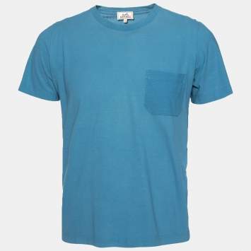 Pre Owned Hermès Blue Cotton Patch Pocket Detail Roundneck T-shirt M