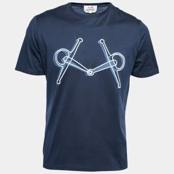 Pre Owned Hermes Navy Blue Mors Embroidered Cotton Crewneck T-Shirt M