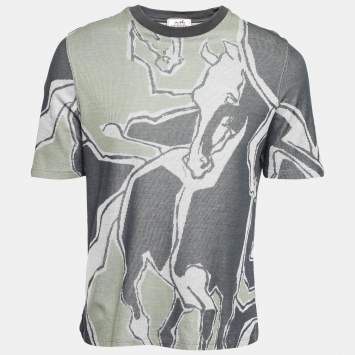 Pre Owned Hermès Grey/Green Horse Printed Cotton Crew Neck T-Shirt L