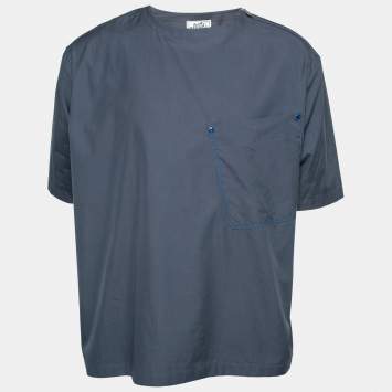 Pre Owned Hermes Slate Blue Cotton Poplin Zip Detail T-Shirt XXL