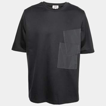 Pre Owned Hermes Black Cotton Asymmetrical Pocket Detail Crew Neck T-Shirt XXL