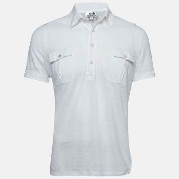 Pre Owned Hermes White Linen Pocketed Short Sleeve Polo T-Shirt M
