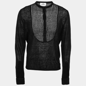 Pre Owned Hermes Black Linen-Blend Knit Mandarin Collar Shirt L