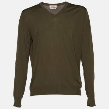 Pre Owned Hermes Olive Green Wool Knit Long Sleeve Jumper XXL