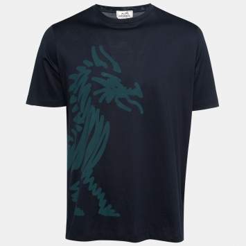 Pre Owned Hermes Navy Blue Cotton Dragon Print T-Shirt XL