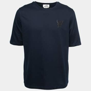 Pre Owned Hermes Navy Blue Cotton Embroidered Detail Short Sleeve T-Shirt L