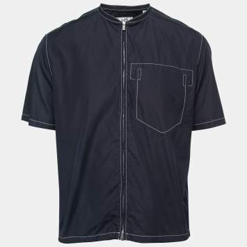 Pre Owned Hermes Dark Blue Cotton Zip Front Short Sleeve Shirt L