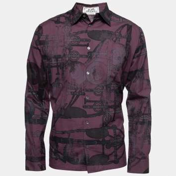 Pre Owned Hermes Dark Purple Printed Cotton Button Front Shirt L