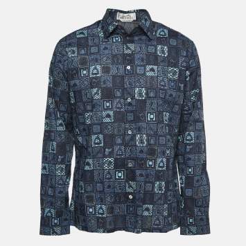Pre Owned Hermes Blue Printed Cotton Button Front Shirt L