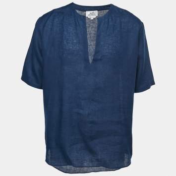 Hermes Navy Blue Linen Tunic Shirt L