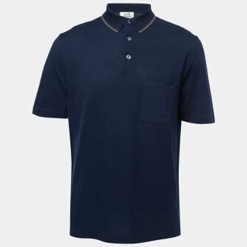 Pre Owned Hermes Navy Blue Cotton Pique Logo Embroidered Polo T-Shirt L