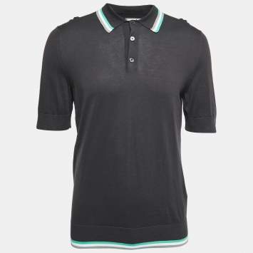 Pre Owned Hermes Grey Cotton Knit Stripe Detail Polo T-Shirt L