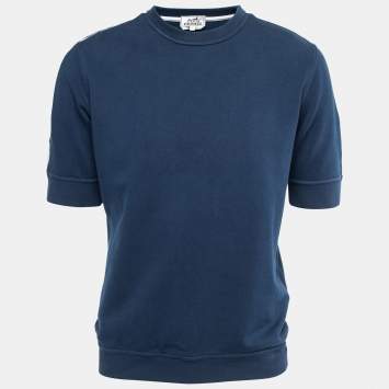 Pre Owned Hermes Blue Cotton Stripe Detail Half Sleeve Crew Neck T-Shirt L
