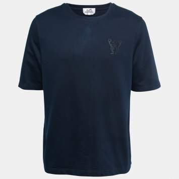 Pre Owned Hermes Navy Blue Cotton Leather Patch Detail Crew Neck T-Shirt L