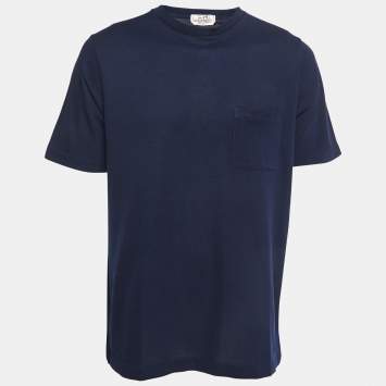 Pre Owned Hermes Navy Blue Cotton Pique Pocket Detail T-Shirt XXL