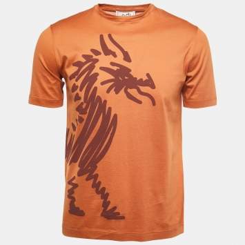 Pre Owned Hermès Orange/Brown Printed Cotton Crew Neck T-Shirts XS