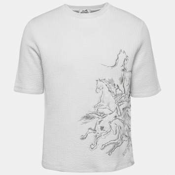 Pre Owned Hermes White Cavalcade Jacquard Cotton Rib Knit Crew Neck T-Shirt L