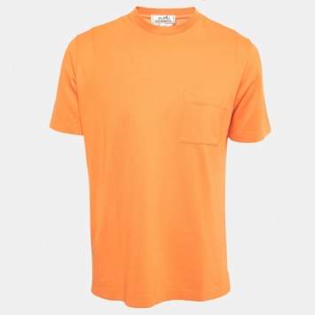 Pre Owned Hermès Orange Cotton Crew Neck Half Sleeve T-Shirt L