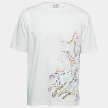 Pre Owned Hermes White Cavalcade Print Cotton Crew Neck T-Shirt S
