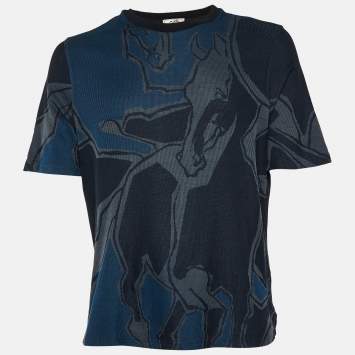 Pre Owned Hermes Navy Blue Intarsia Knit Round Neck Short Sleeve T-Shirt L