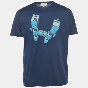 Pre Owned Hermes Navy Blue Odyssee Print Cotton Crew Neck T-Shirt L
