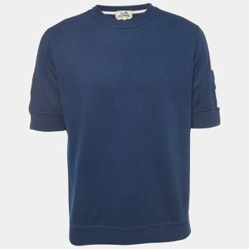 Pre Owned Hermes Navy Blue Cotton Striped Detail Crew Neck T-Shirt L