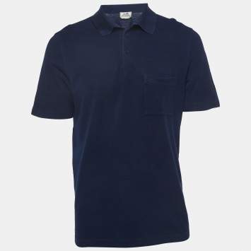 Pre Owned Hermes Navy Blue Cotton Pique Polo T-Shirt L