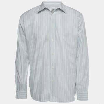 Pre Owned Hermes White/Blue Striped Cotton Long Sleeve Shirt XL