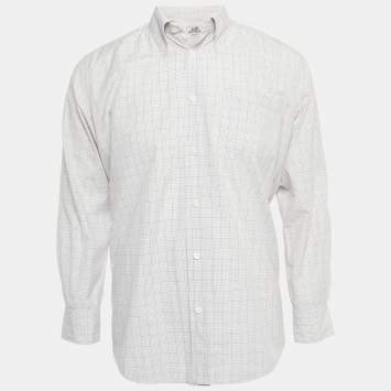 Pre Owned Hermes White Plaid Cotton Button Down Full Sleeve Shirt L