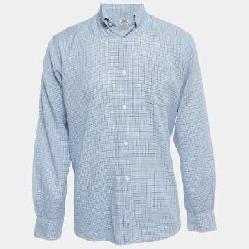 Pre Owned Hermes Blue Checked Cotton Button Down Full Sleeve Shirt L 