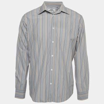 Pre Owned Hermes Blue Striped Cotton Button Front Full Sleeve Shirt L