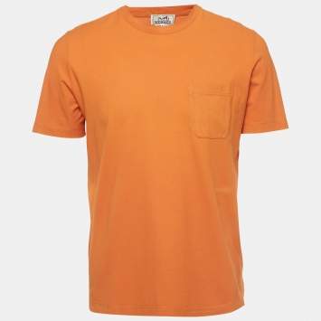 Pre Owned Hermes Orange Cotton Pocket Detail Half Sleeve T-Shirt M