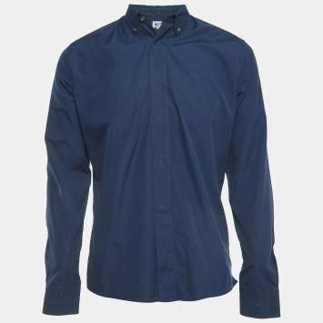 Pre Owned Hermes Blue Cotton Fly Front Full Sleeve Shirt M
