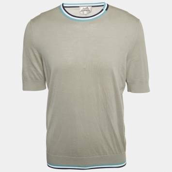 Pre Owned Hermes Grey Cotton Knit Stripe Detail Round Neck T-Shirt L