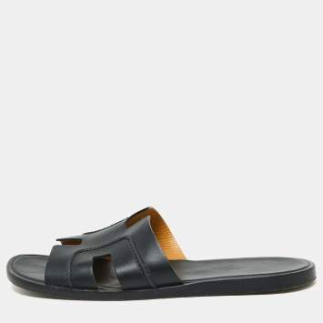 Pre Owned Hermes Black Leather Pique Izmir Flat Slides Size 42.5