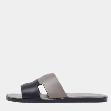 Pre Owned Hermes Grey/Black Leather Izmir Flat Slides Size 41.5