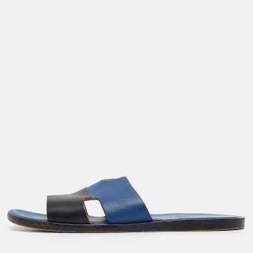 Pre Owned Hermes Blue/Black Leather Izmir Sandals Size 43.5