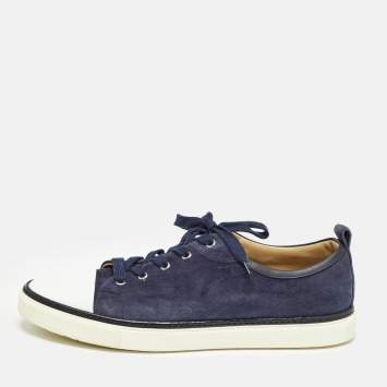 Pre Owned Hermes Navy Blue/White Leather and Suede Kin Mans Sneakers Size 45