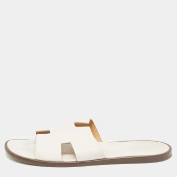 Pre Owned Hermes White Leather Izmir Flat Slides Size 46