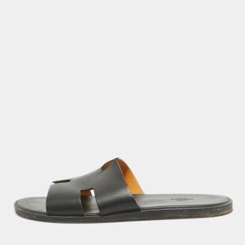 Pre Owned Hermes Black Leather Izmir Flat Slides Size 45