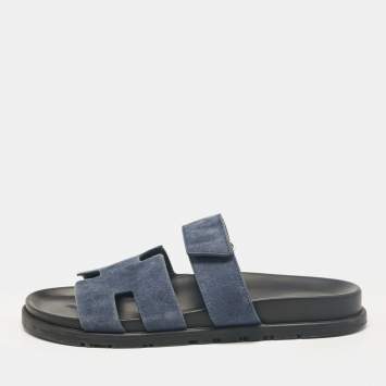 Pre Owned Hermes Dark Blue Suede Chypre Sandals Size 41.5