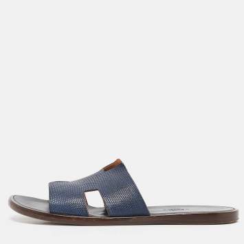 Pre Owned Hermes Navy Blue Lizard Leather Izmir Flat Slides Size 41