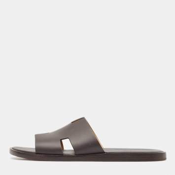 Pre Owned Hermes Dark Brown Leather Izmir Flat Slides Size 42