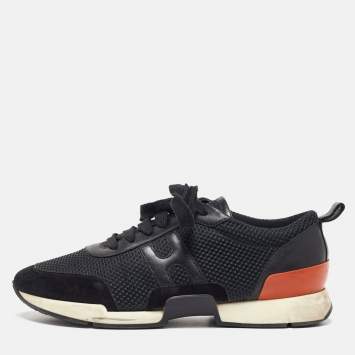 Pre Owned Hermes Black Leather and Mesh Low Top Sneakers Size 40
