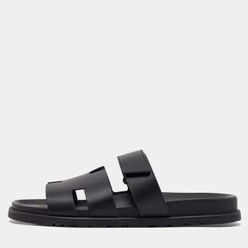 Pre Owned Hermes Black Leather Chypre Sandals Size 43.5
